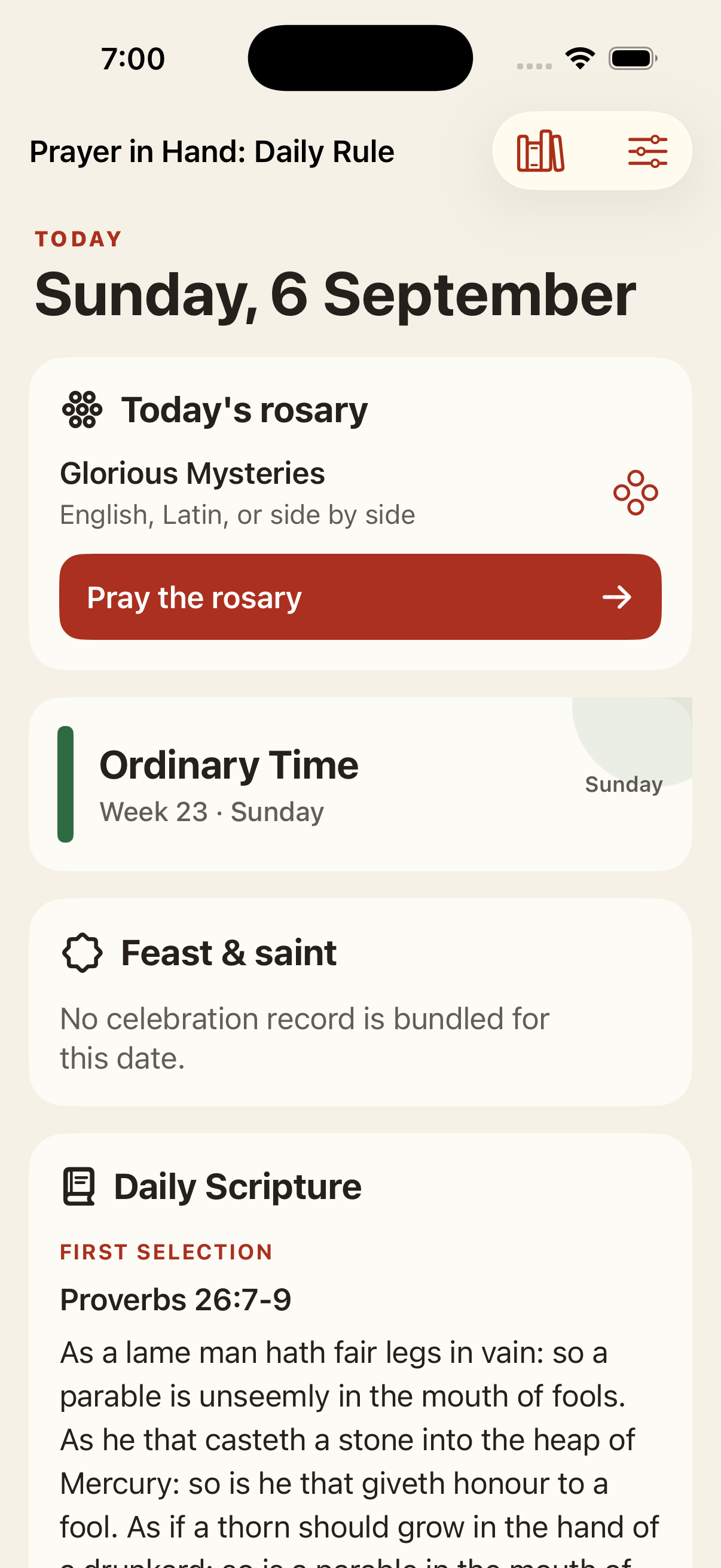 Prayer in Hand Today screen with the free rosary start button and daily prayer content