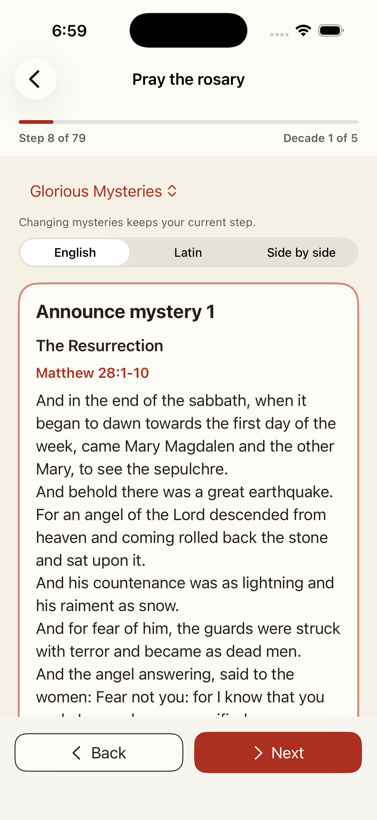 Prayer in Hand showing the Glorious Mysteries with English and Latin options and Back and Next controls